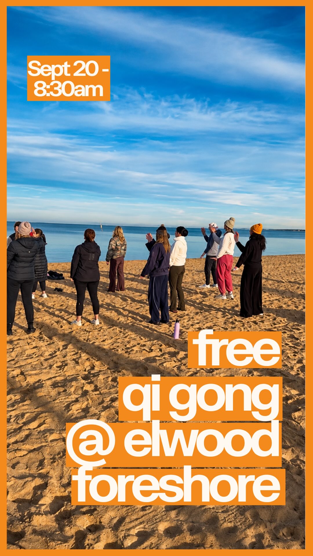 Free community Qi Gong this Sunday Sep 20th ☀️ 

📅 Sunday Sep 20
⏰ 8:30 - 9:15am 
📍 In front of the Beach Shack Cafe, Elwood Foreshore 
🧥 Dress warm and layered 

If you’re in need of slowing your life down, and feeling calmer, more settled, at peace and present, then this is for you. 

Come solo or bring people you love, pooches welcome too. No experience needed. See you there legends! 

#katjohn #qigong #elwood #authenticliving